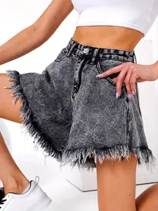 Women's Denim Shorts Loose Simple Design, Fringe Trim, Comfortable All Seasons, Vintage Washed, Outdoor Trendy, High Quality Fashion