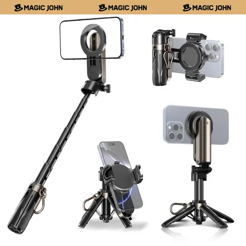 MAGIC JOHN 4-in-1 Magnetic Handheld Selfie Stick Mount - Mobile/Cellphone/DSLR Compatible, 360° Rotate, Cold Shoe Mount Support, Stable Shooting Support, Compact, Stylish, Lightweight, Adjustable, Wireless Bluetooth Remote, Tripod, Storage Pouch Included