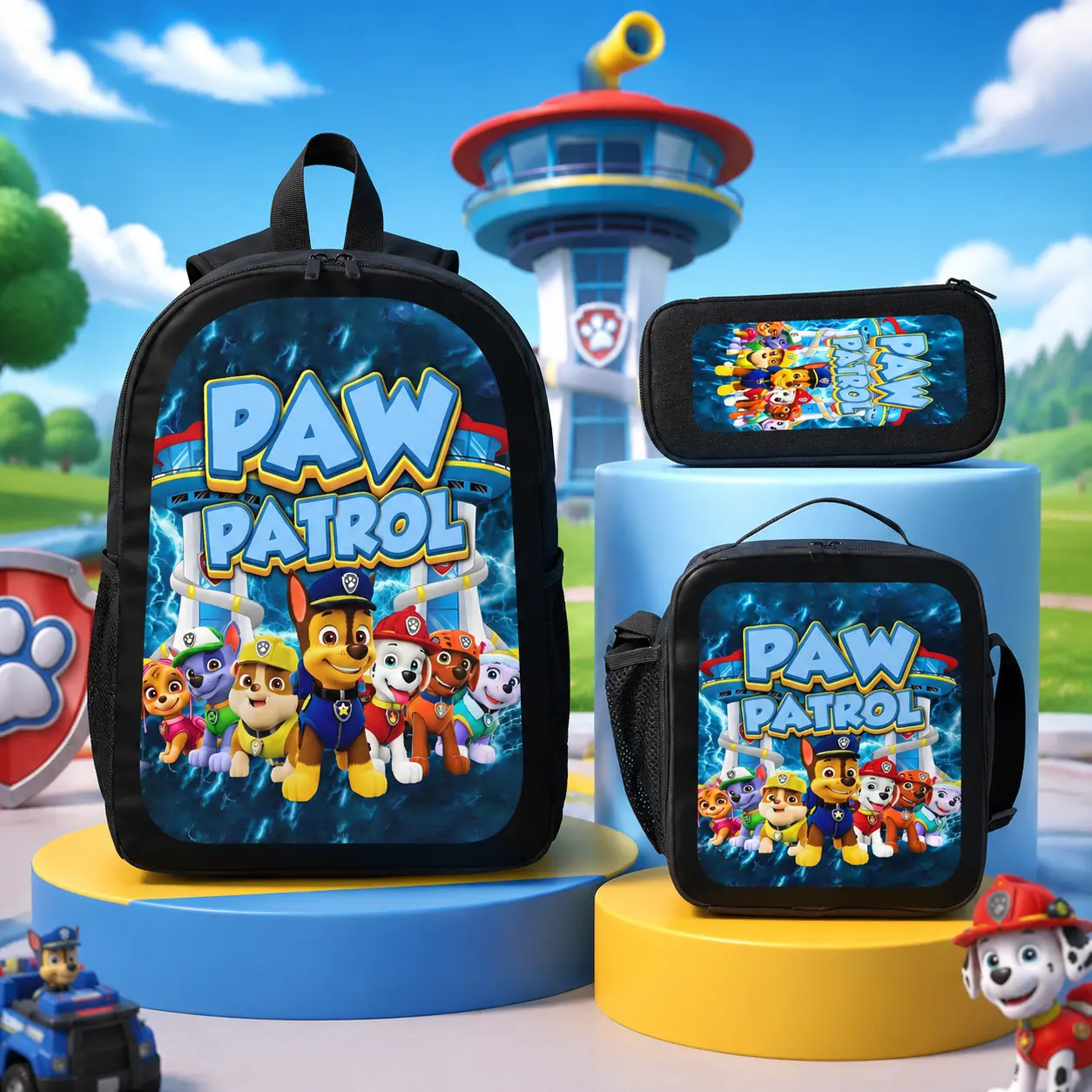 Paw Patrol Cute Animal Graphic School Backpack Set - Child Size Animal Theme Elementary School Bag, Lightweight Aesthetic 3pcs Bundle with Lunch Bag & Pencil Case