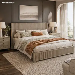 King Size Vertical Grain Solid Wood Platform Bed Frame with Headboard, High Load Capacity, No Box Spring Needed, Floor-Standing Design, Easy Assembly, Beige Finish, King Size Bed Frame