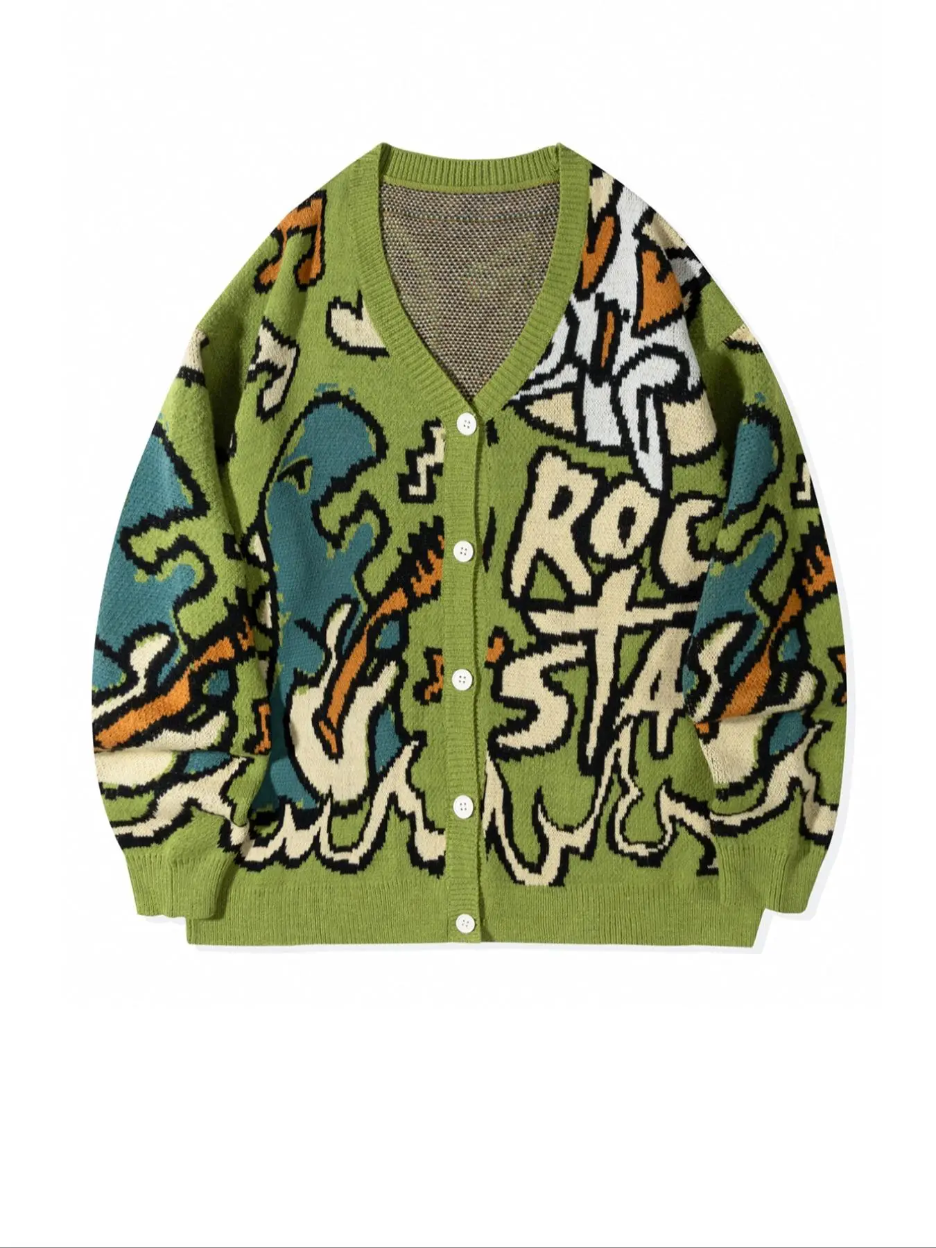 Men's Letter & Dinosaur Print Drop Shoulder Cardigan, Loose Casual Long Sleeve V Neck Button Front Knitwear for Fall & Winter, Men's Knit Clothing for