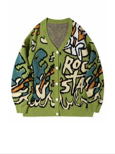 men's letter & dinosaur print drop shoulder cardigan, loose casual long sleeve v neck button front knitwear for fall & winter, men's knit clothing for daily wear