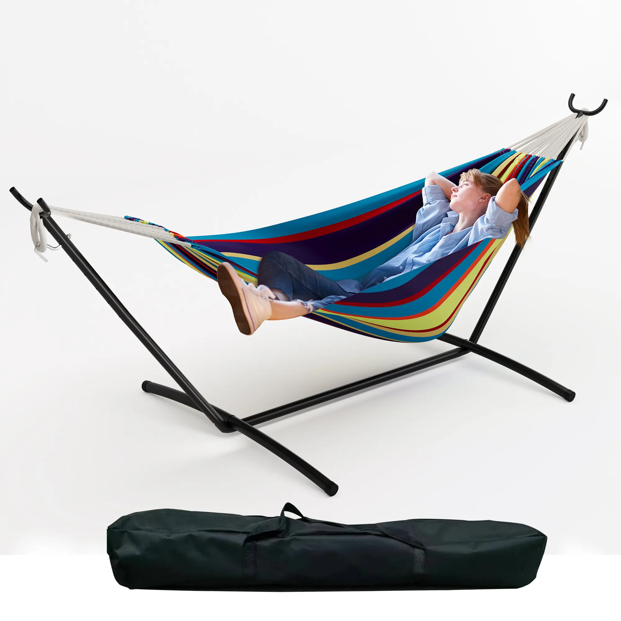 Double Hammock with Stand, 9FT Camping Hammock with Bag, Outdoor&Indoor Hammocks Portable Hammock Stand for Balcony Garden Patio, 450LBS Capacity