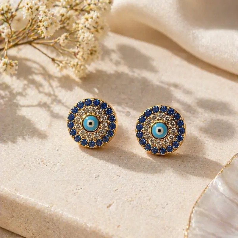 Blue Eye Protection Stud Earrings – Gold Plated