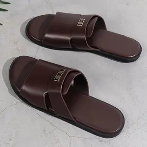 Men's Solid Slide Sandals Faux Leather Upper Round Toe TPR Sole Comfort Casual Daily Outdoor Wear