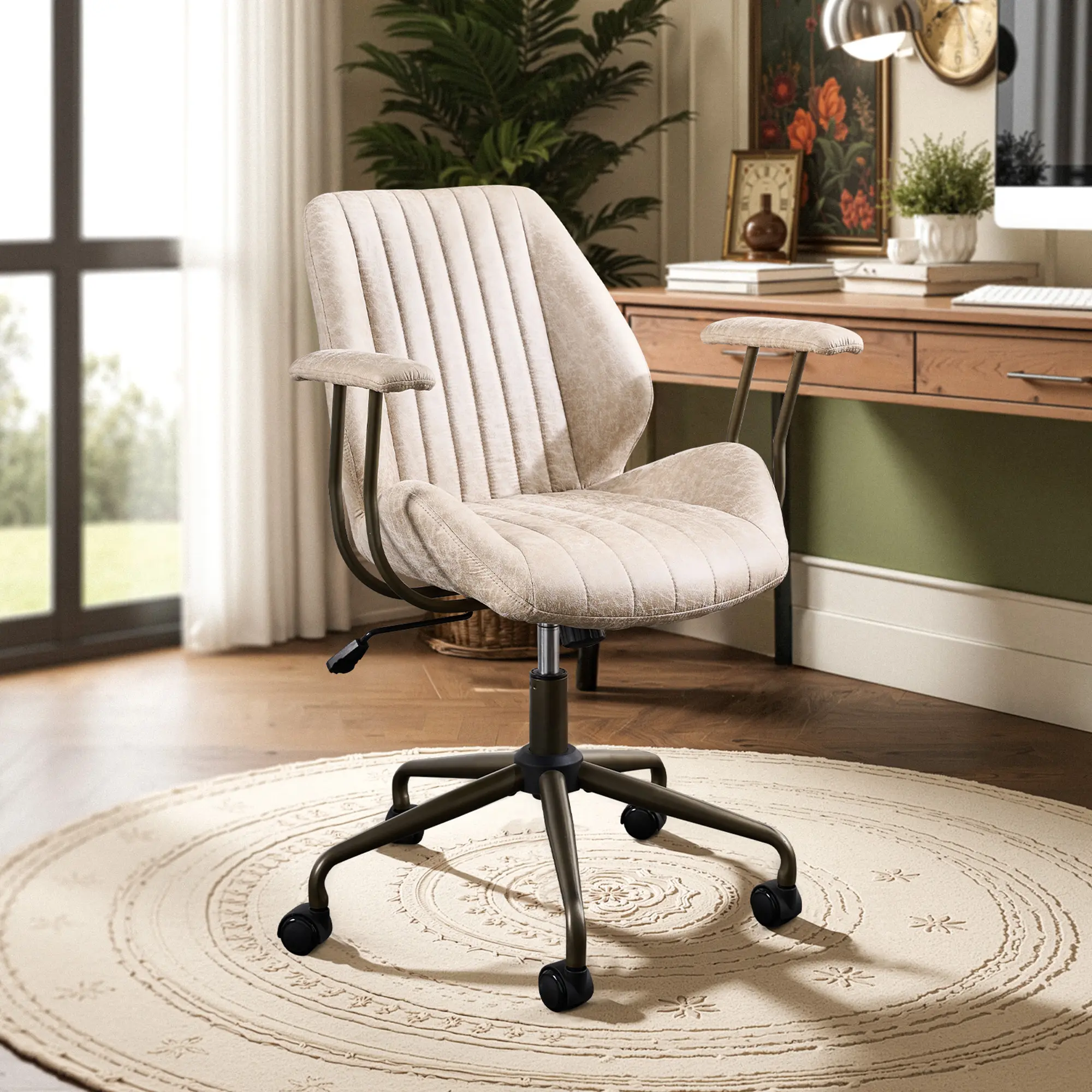 ALLWEX Mid Century Modern Office Chair, Faux Leather Executive Desk Chair with Padded Armrests, High Back Ergonomic Computer Chair, Height Adjustable Swivel Rolling Chair for Home Office