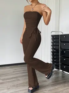 Elegant Strapless Drawstring Crop Top Set, High Waist Long Pants, Fashionable Home Wear, Versatile and Stylish