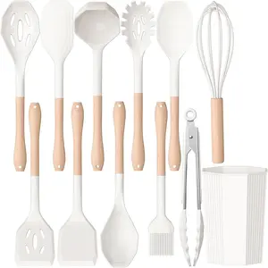 Silicone Kitchen Utensils Set, 12pcs/set Wooden Handle Cooking Utensils Set, Kitchen Cooking Utensils Set for Home Dining Room Barbecue