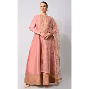 Imperial Intricacy: Exquisite Salmon Pink 2-Piece Heavy Zari Work Anarkali and Dupatta Ensemble - Final Sale
