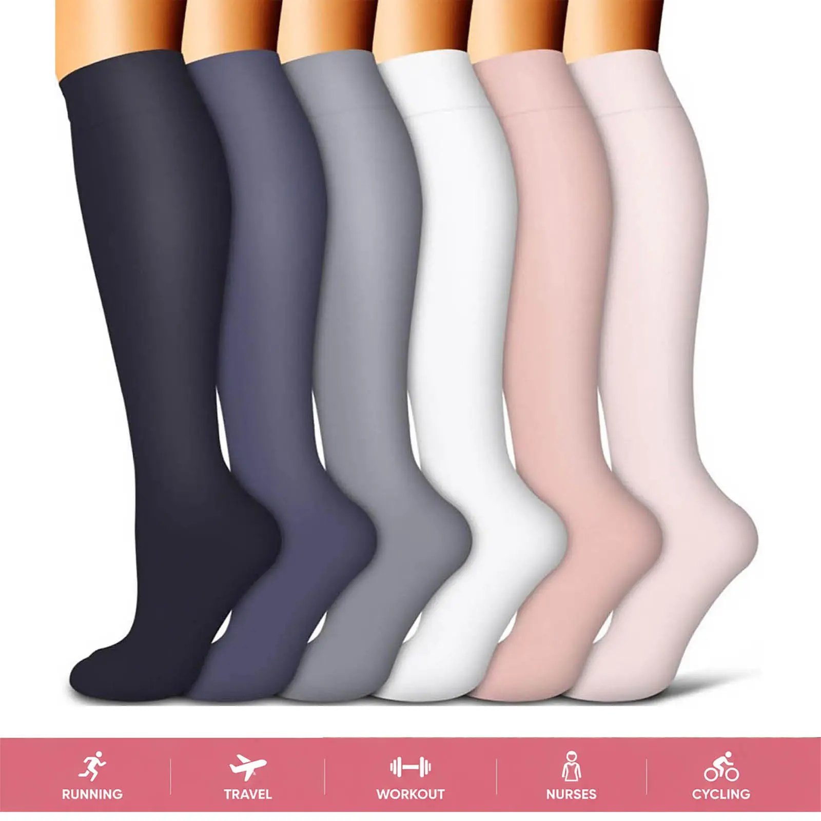 6 Pairs Compression Socks for Men & Women, Athletic Running Socks with Breathable Stretch Fabric, Calf Support Socks for Running, Cycling, Hiking, Travel and Daily Wear