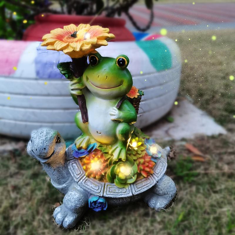 Solar Garden Statue Fairy Animal Figurine Light for Outside Outdoor Decorations Resin Turtle Statues Pathway Light for Patio Yard Lawn with Sunflower and Succulent Details
