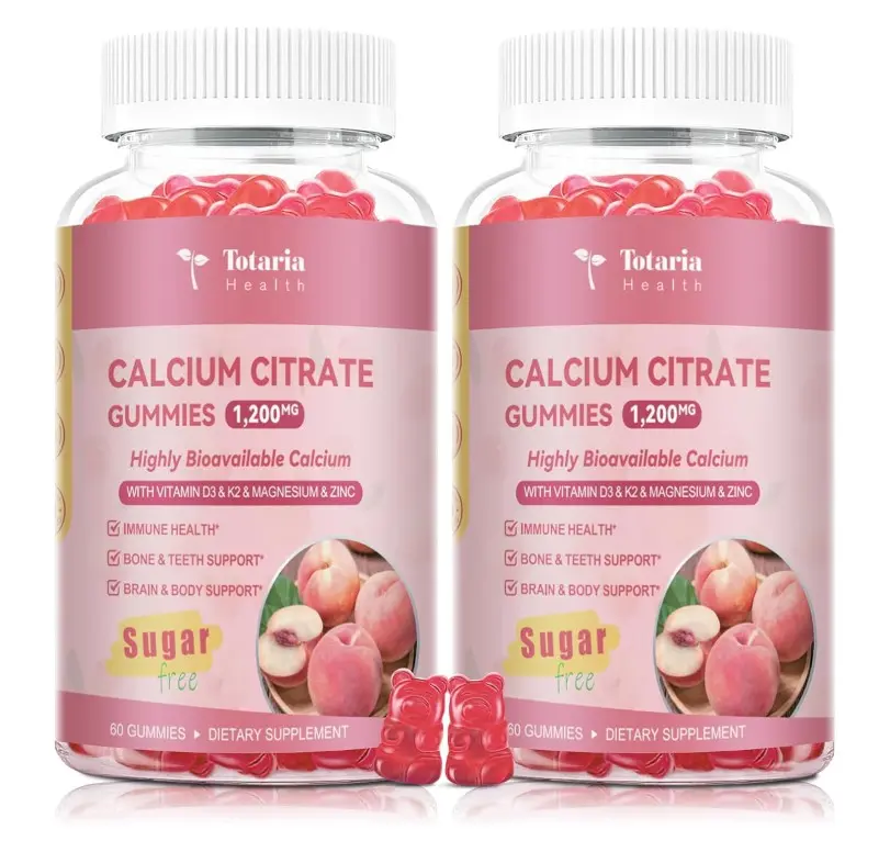2 Pack Calcium Citrate Gummies 1200 mg - Calcium Supplements for Women with Vitamin D3 & K2,Magnesium,Zinc - Sugar Free Calcium Gummies for Bone & Teeth & Immune Support- Peach Flavor