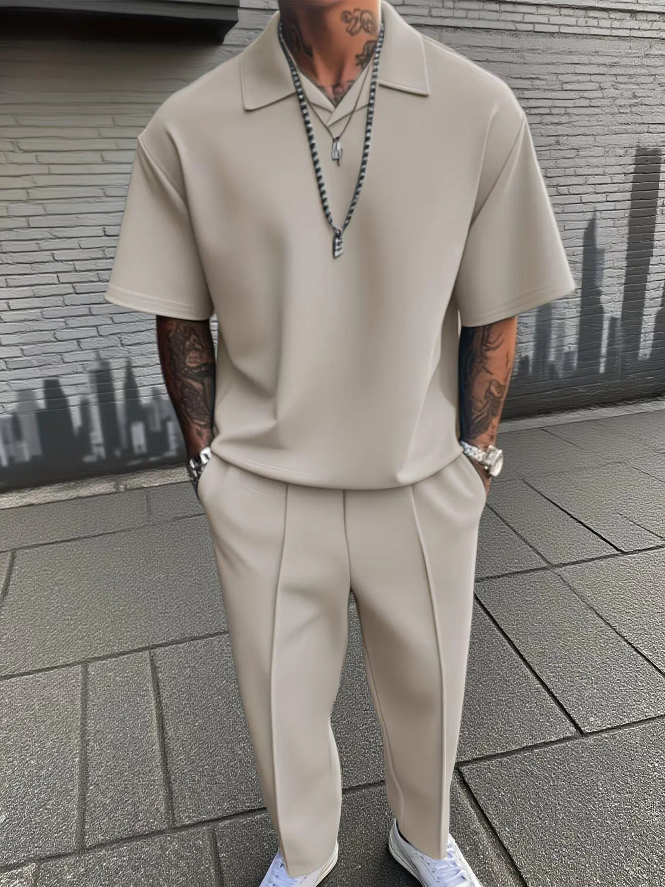 Men's 2-Piece Medium-Length Casual Matching Set - Pure Polyester Short-Sleeve Polo Tracksuit Top, Coordinating Pants, Streetwear Clothing