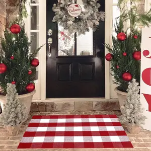 Classic 28x43 In (3'x5') Christmas Red and White Plaid Woven Cotton Door Mat - Hand-Crafted Layered Buffalo Check, Machine Washable Rug, Indoor/Outdoor Porch Entryway Holiday Decor