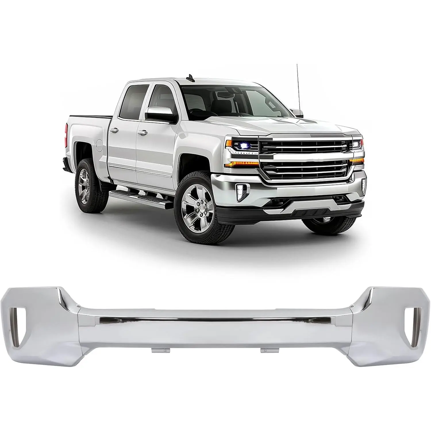 Front Bumper Face Bar Automotive Car Accessory - Compatible with 2016-2019 Chevy Silverado 1500 LD, Steel Chrome, with Fog Light Holes, Replacement for GM1002861 84029801 23243117, Body Kit/Vehicle/Truck Accessories