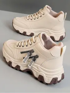 Women's Fashionable Plain Color Lace Up Front Wedge Sneakers, Low Top Trainer, Casual Comfortable Breathable Sports Shoes, Female All-match Round Toe Shoes for Daily Wear