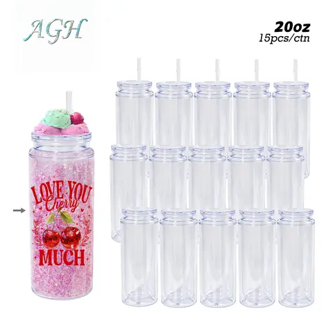 AGH [Upgrade] 15pcs 20OZ Snow Globe Acrylic Tumbler Double Wall Plastic Cup with Lid & Straw for DIY Drinkware Washable Reusable Portable Mug Bottled