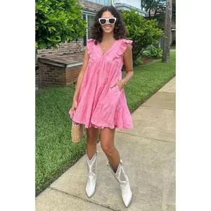 Coral Eyelet Babydoll Mini Dress