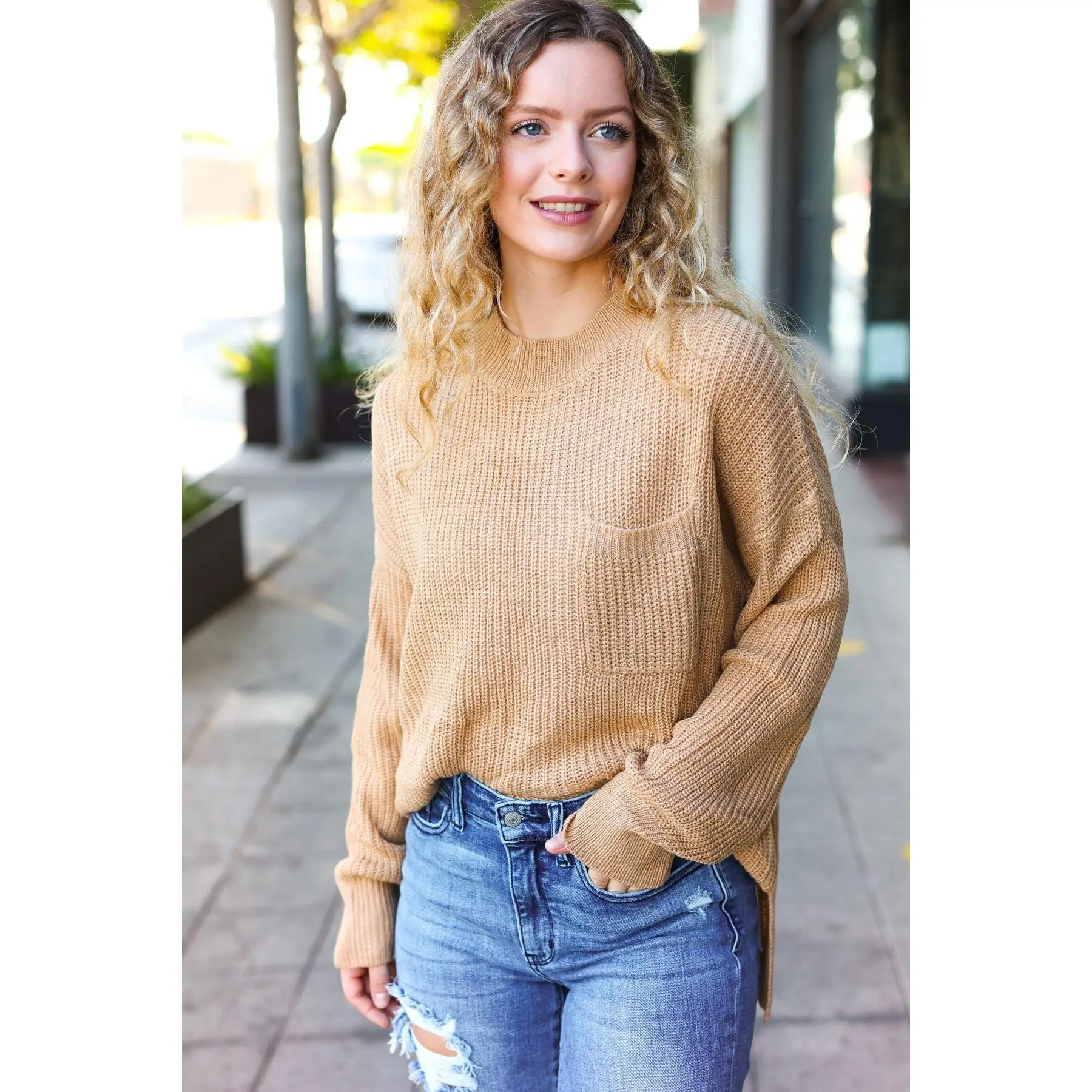 Classy Chic Taupe Mock Neck Chest Pocket Knit Sweater