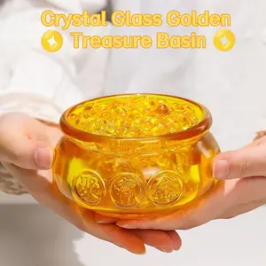 Handmade Crystal Glass Golden Treasure Basin with  Ingot/Yuan Bao Good Luck Wealth Prosperity Figurine Collectibles Feng Shui Decor for Home Office Home storage box