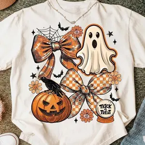 Women's Short-Sleeve Round Neck Coquette Ghost Halloween T-Shirt - Vintage Floral Pumpkin Bow, Retro Checkered Witchy, Spooky Fall Outfit, Streetwear Top, Gift for Lady