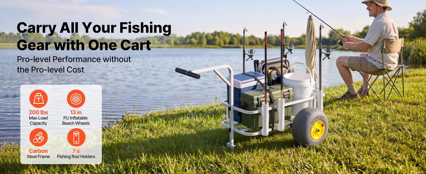 VEVOR Beach Fishing Cart, 200 lbs Load Capacity, Foldable Fishing Cart with Heavy-Duty Carbon Steel Frame, 13-Inch All-Terrain PU Balloon Tires, 7 Rod Holders, for Outdoor Activities Camping Picnic VEVOR Beach Fishing Cart, 200 lbs Load Capacity, Foldable Fishing Cart with Heavy-Duty Carbon Steel Frame, 13-Inch All-Terrain PU Balloon Tires, 7 Rod Holders, for Outdoor Activities Camping Picnic