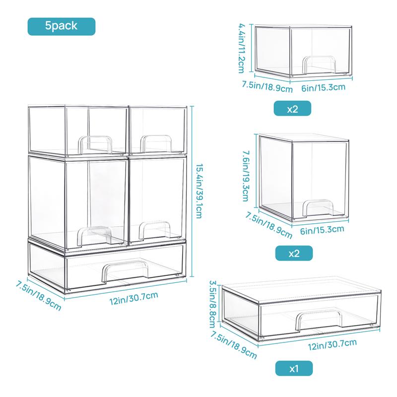 Vtopmart Stackable Storage Drawers Set of 5/8 Clear Plastic Organizer Bins for Nursery Bottle Station and Beauty Supplies Vanity Bathroom Cabinet Pantry Organization Multi-Size Flexible Design BPA-Free Safe New Year Gift