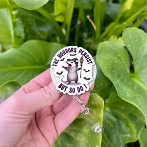 The Horrors Persist But So Do I Opossum Badge Reel – Dark Humor Retractable ID Holder, Nurse Gift, Mental Health Resilience Accessory