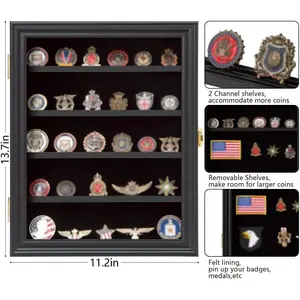 Verani Medals Display Case - Military Challenge Coin Display Shadow Box - Pin Display Cabinet with Removable Shelves and Pinnable Background for Badges Ribbons Insignia Buttons Overized Walnut