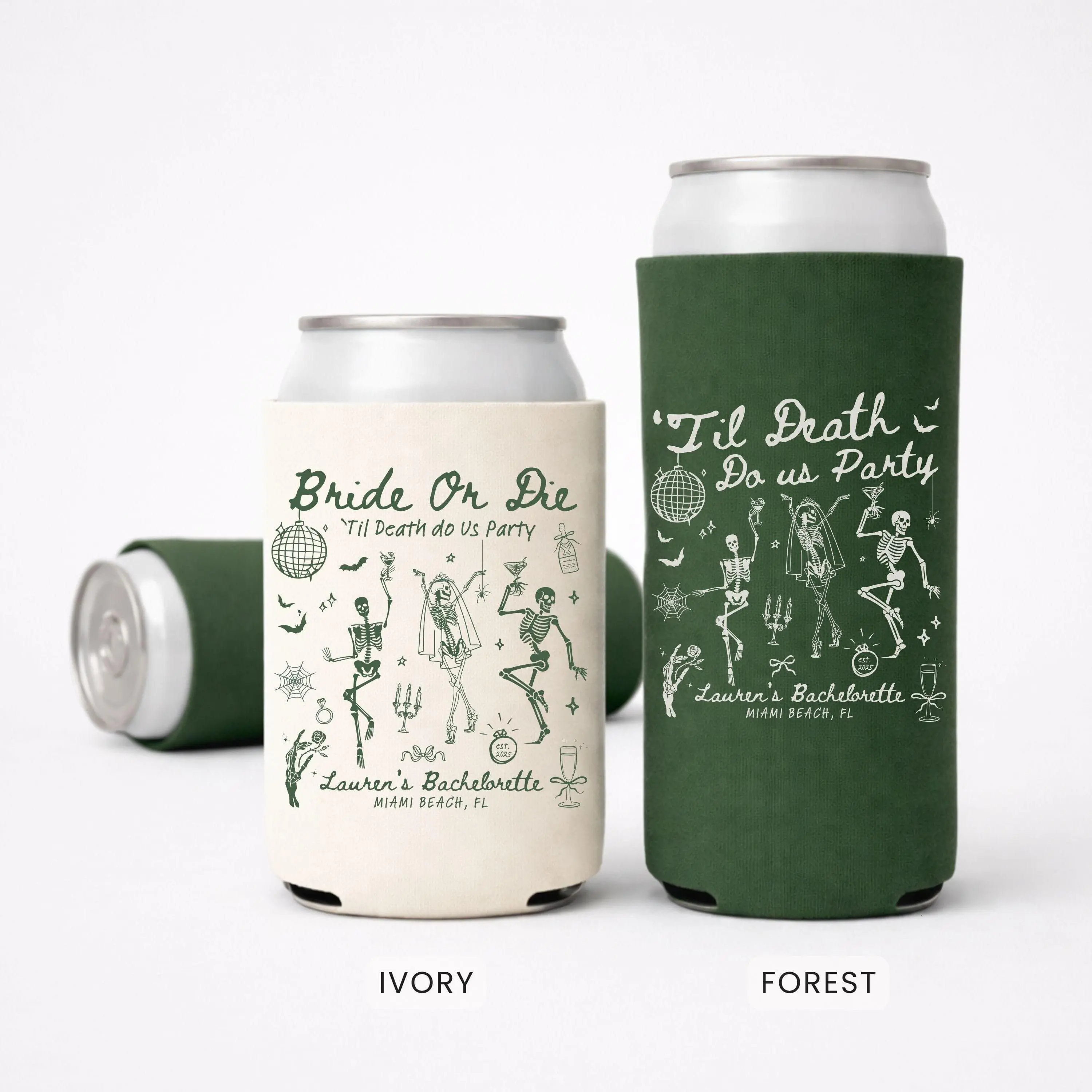 Personalized Bachelorette Can Cooler, Bride Skeleton Design, Slim or Regular Sleeve