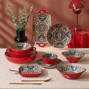 Boho Style Ceramic Dinnerware, 1 Count Vintage Style Bowl/Plate, Household Tableware Set for Home Kitchen Dining Room