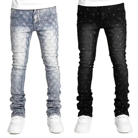 Men's Mid-Waist Embellished Rivet Micro-Flared Jeans - Slimming Tall-Fit 00s Style Menswear Streetwear Pants, All Seasons, Hand Wash Only, Blue