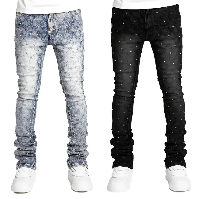 Men's Mid-Waist Embellished Rivet Micro-Flared Jeans - Slimming Tall-Fit 00s Style Menswear Streetwear Pants, All Seasons, Hand Wash Only, Blue