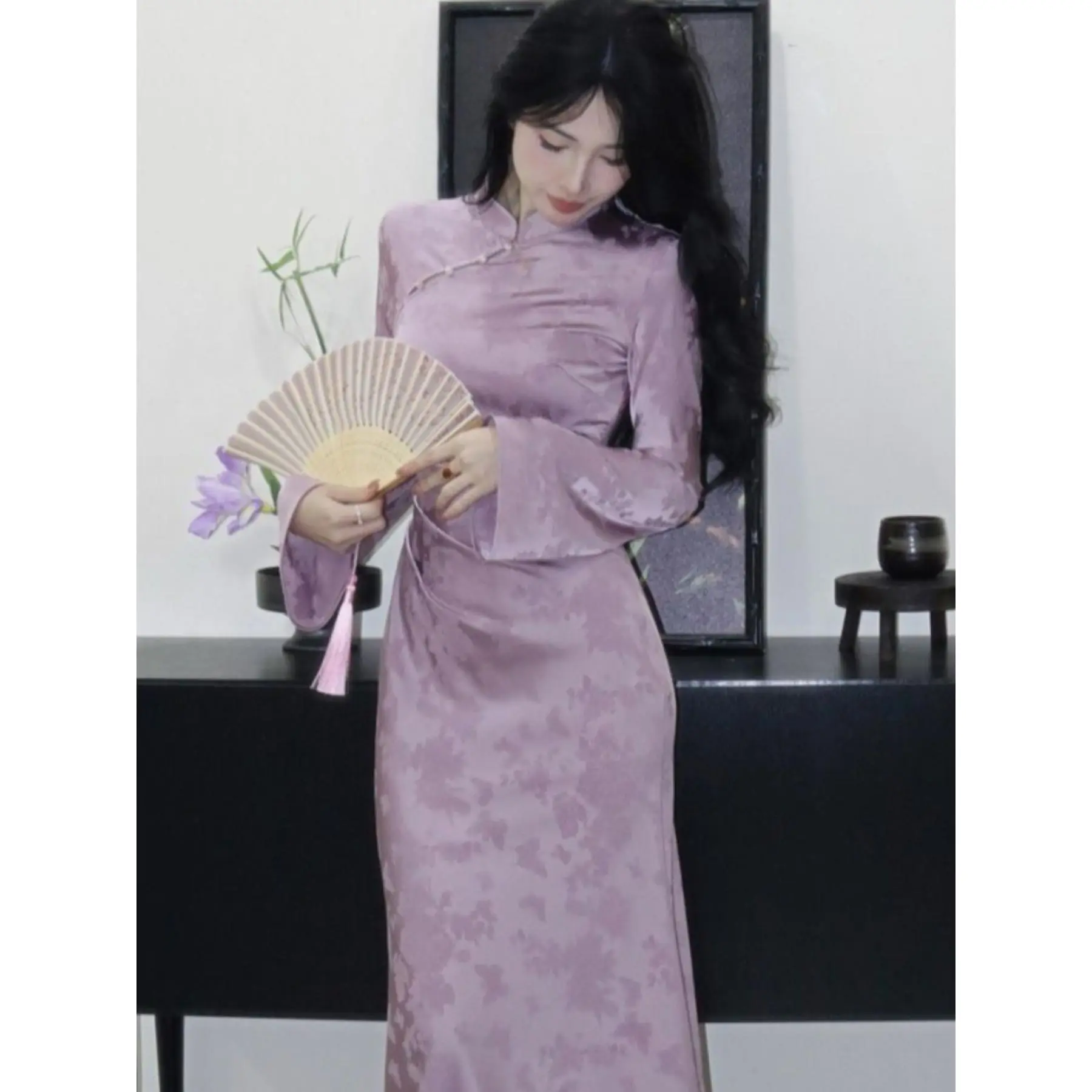 SYHAN 2026 Latest Woven Improved Cheongsam Dress - Women's Purple Polyester Stand Collar Long Sleeve Bodycon Clothes, Temperament Button Design, All-Season Casual Fit Solid Traditional Womenswear
