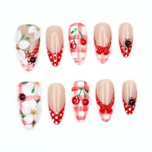 Red Cherry Gingham Almond Press-On Nails - 3D White Flower, Bow, Polka Dot, Cute Summer Cottagecore Nail Art Accessory for Weddings, Parties, Gifting