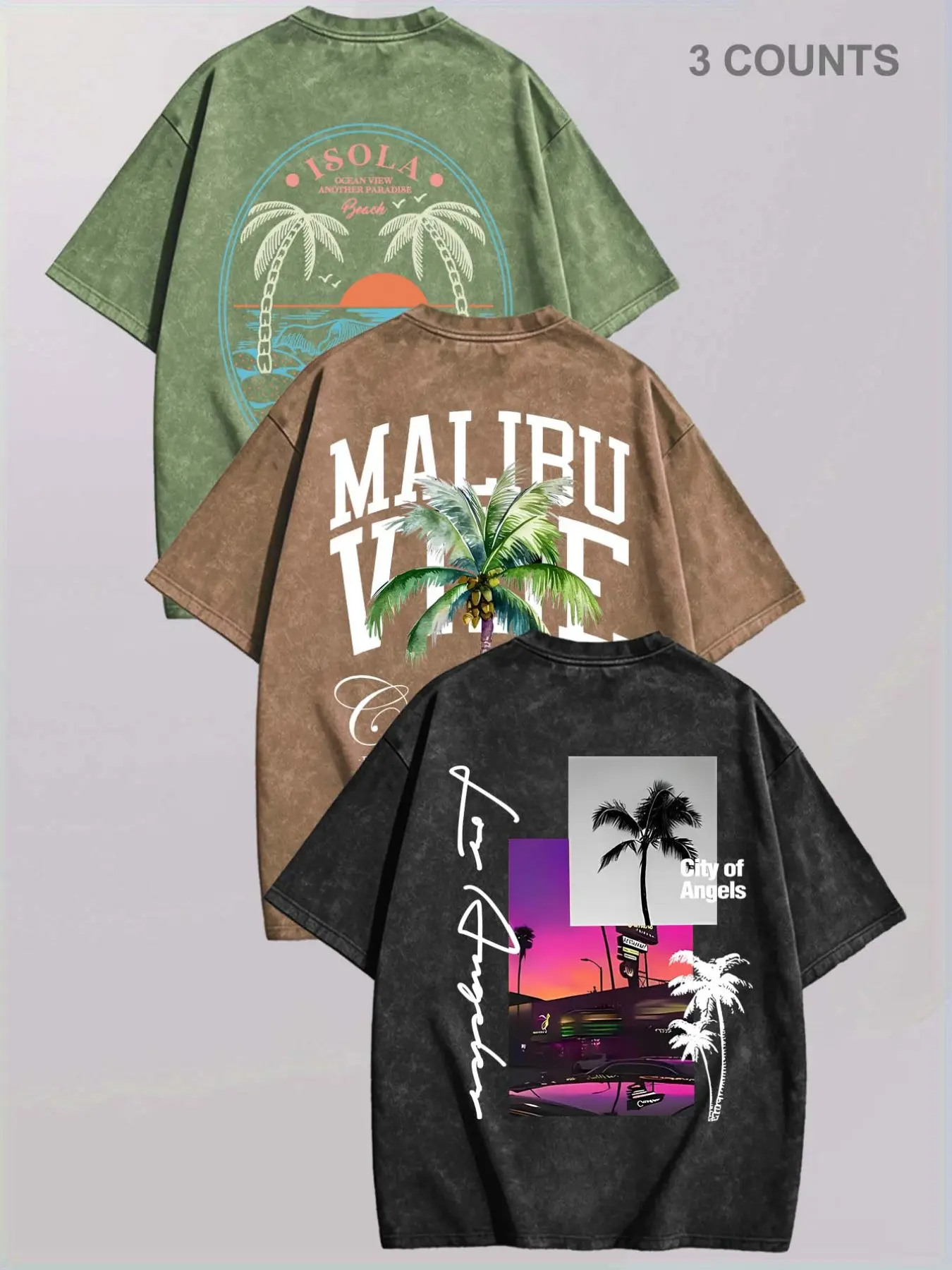 Men's Summer Multi-Pack, Letter Palm Tree Print, Versatile T-Shirt, Breathable Casual Streetwear Top, Long Sleeve, Loose Fit, Graphic Tropical Pattern