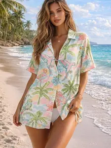 Women Tropical Hawaiian Shirt, Pastel Flamingo Parrot Print, Vacation Style Top, Casual Beach Summer Outfit, Short Sleeve Relaxed Fit