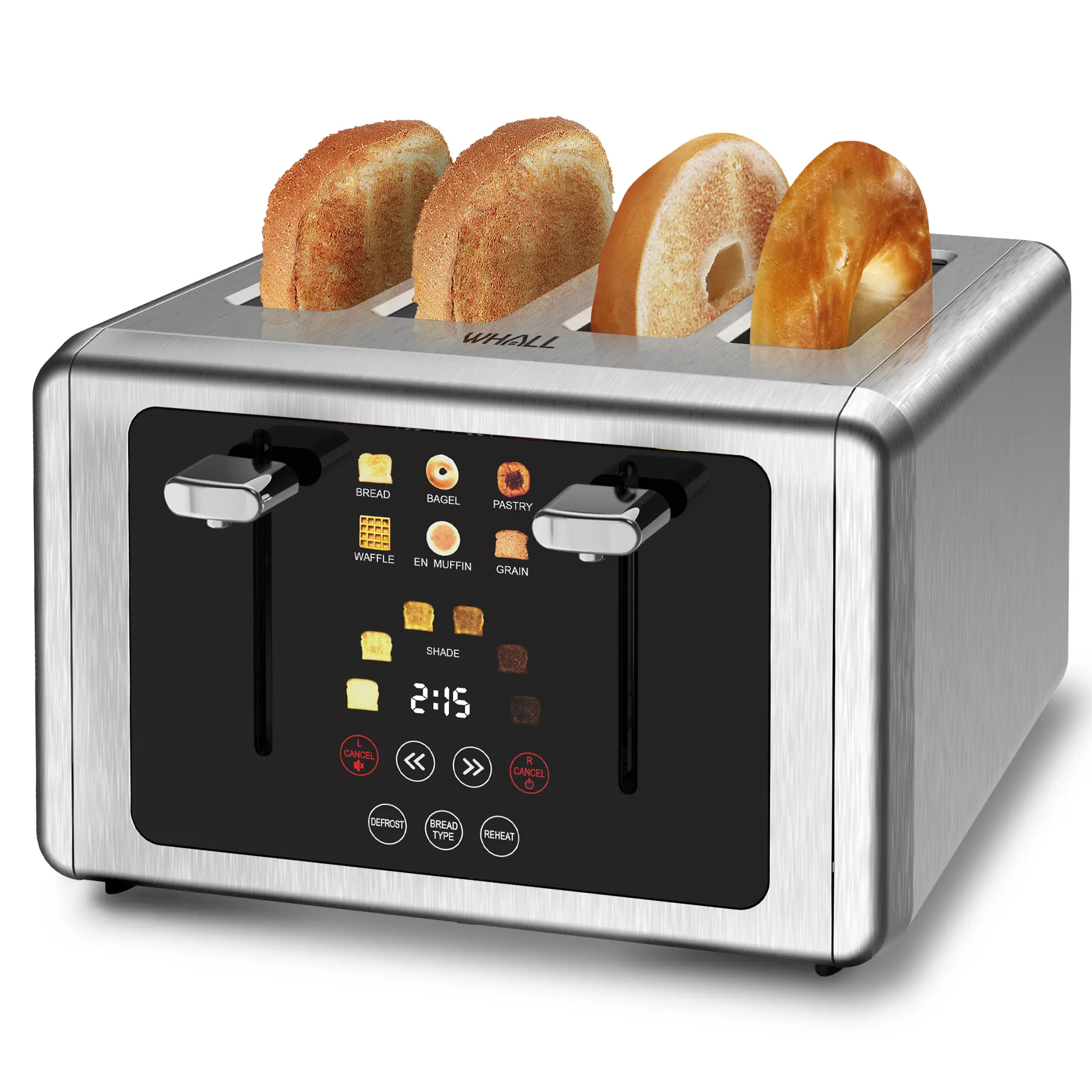 WHALL 4-Slice Stainless Steel Toaster, Touch Screen, 6 Shade Settings, Bagel/Defrost/Cancel, 1.5" Wide Slots, High Lift, Removable Crumb Tray, Silver