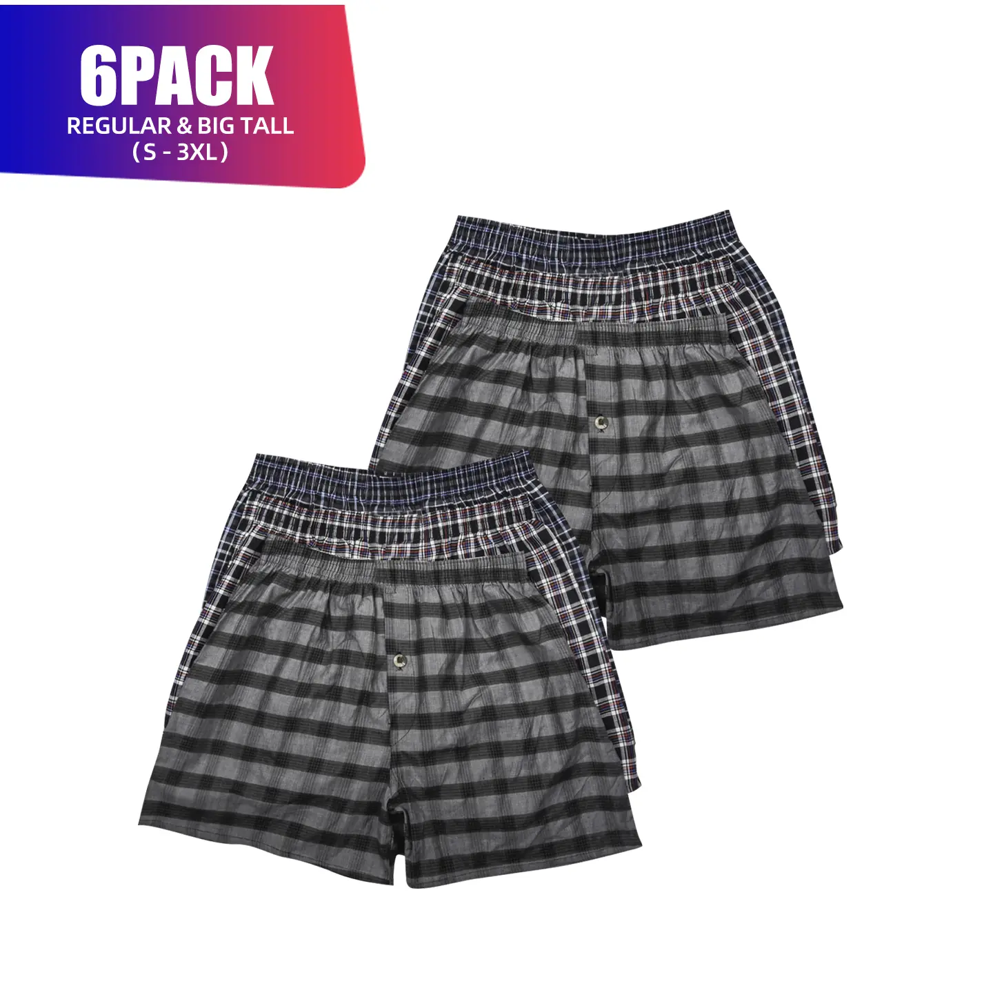 6 Pack Men's Boxer Shorts Random Mixed Color Pack Woven Relaxed Fit Boxers for Men Soft Breathable High quality Underwear with Elastic Waist Menswear