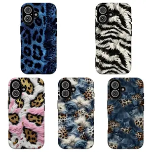 FL-Faux Fur Leopard & Tiger Print Phone Case, Blue & Black Wild Animal Shockproof Cover For iPhone 11 12 13 14 15 16 17 Air Pro Max for Samsung S26 S25 S24 S23 S22 S21 Case,Gift for her/him/fans