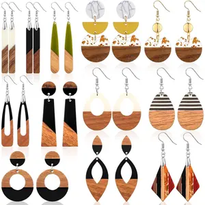 12 Pairs Wooden Earrings for Women Boho Dangle Geometric Lightweight Studs Resin Statement Earring