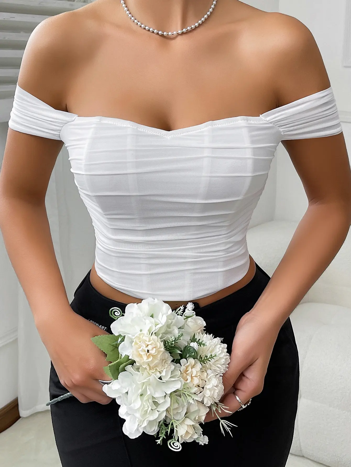 White Off Shoulder Crop Top Women Ruched Mesh Short Sleeve Bardot Sweetheart Neck Prom Graduation Wedding Guest Bridesmaid Engagement Bachelorette Cocktail Formal Going Out Night Out Classy Dressy Club Party Summer Elegant Coquette Sexy Y2K