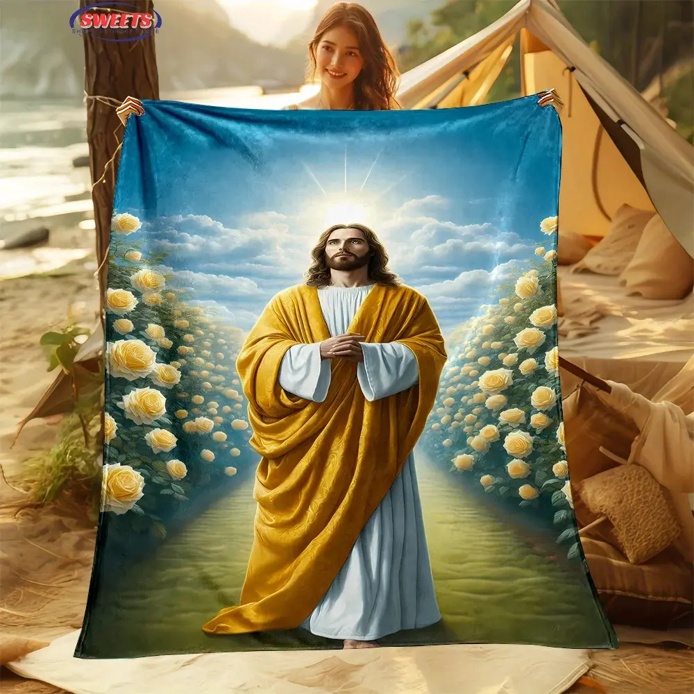 Merciful Jesus Christian God Flannel Art Blanket Soft Fluffy Quilt for Sofas and Children, Four Season Gift for Thanksgiving and Children
