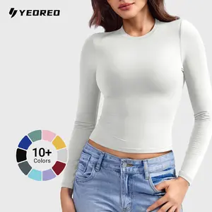 YEOREO Long Sleeve Shirts for Women y2k Tops Double Lined Basic Tee Crew Neck Sweeney Workout Undershirt Greenish