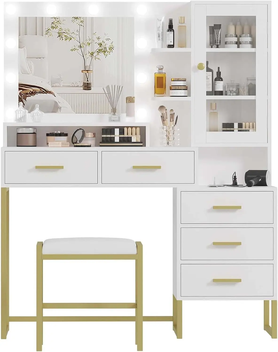 53.5 inches Large White LED Vanity Set with Bench, Mirror & Light, Indoor Furniture Makeup Dresser Table (Christmas Gift)