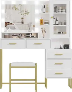【Christmas Gift】White 53.5" Large Vanity Desk with Bench, Makeup Vanity with Mirror & Lights & Led Bulbs