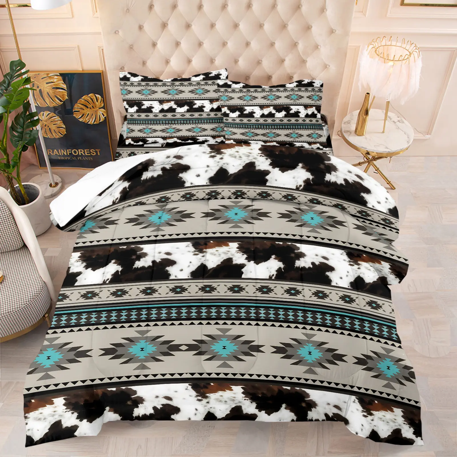 Vintage Western Style Cow Print Comforter Set, Duvet Cover Set, Cow Pattern Bedding Set, Includes 1 or 2 Pillowcases, Soft and Breathable, Western Theme Bedding Set, Perfect for Western, Bohemian, American Bedrooms