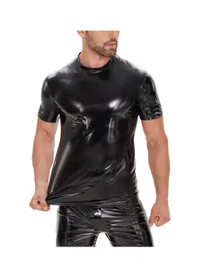 Men's Shiny Faux Leather Tops Glossy Short Sleeve Crew Neck T-Shirt Wetlook Slim Fitted Casual Vest Party Streetwear