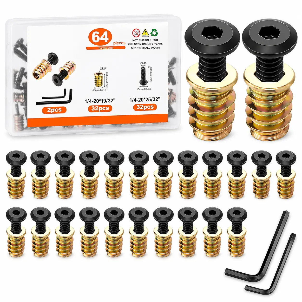 Threaded Inserts for Wood Furniture, 1/4‑20 Size in 3/4" & 19/32" Length, Hex‑Socket Drive Metal Insert Nuts, Galvanized & Alloy Steel Fastener Hardware for Furniture Assembly Projects