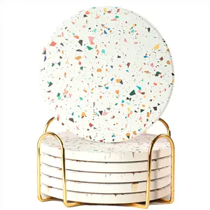 6-Pack Absorbent Coasters with Holder, Ceramic Round Standing Coasters For Drinks